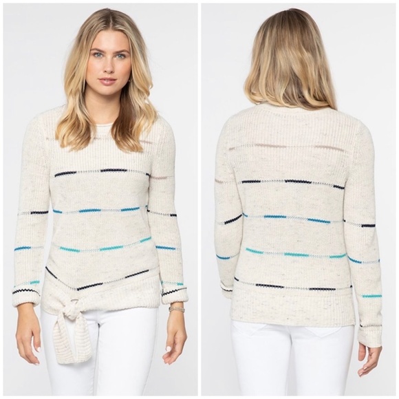 NIC+ZOE Sweaters - Nic+zoe Fresh Path Tie Hem Blue Striped Pullover Milk-White Sweater Size…